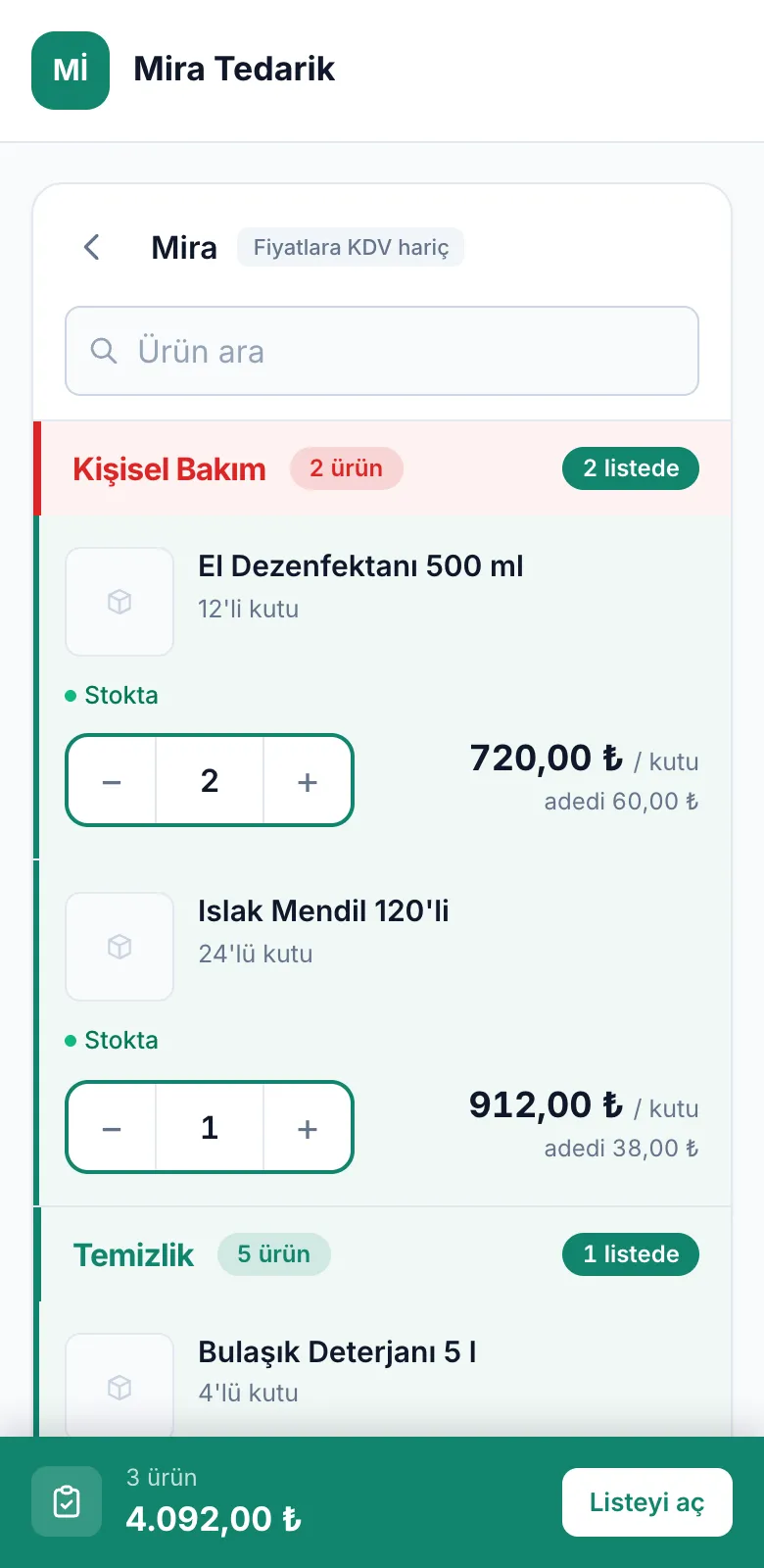Müşterinin telefonda gördüğü katalog: ürünler, fiyatlar ve istek listesi